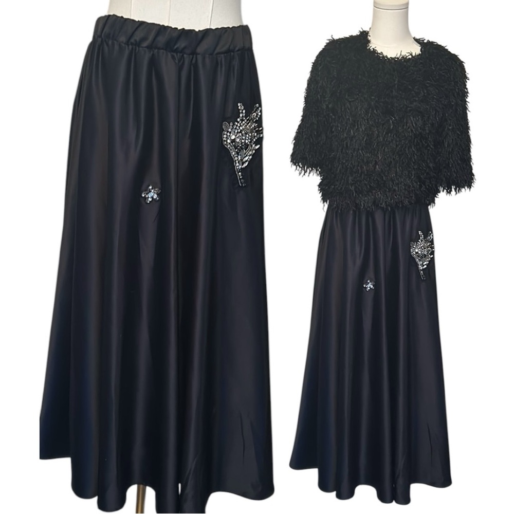 IMPERIAL black satin long skirt with crystal decals size medium